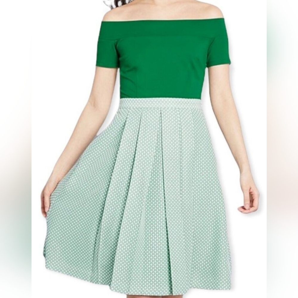 Modcloth off-the-shoulder, 50s retro green and white dress